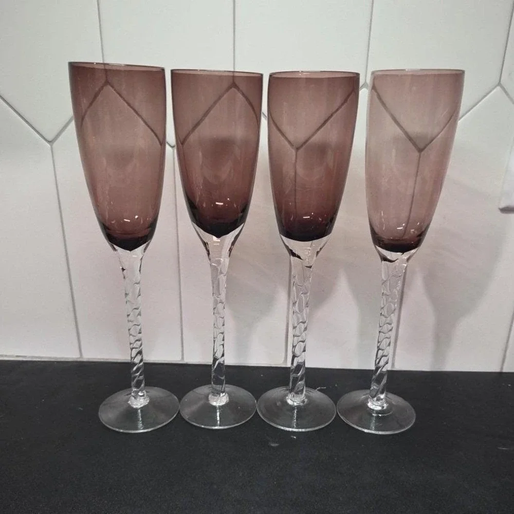 Pier 1 Amethyst Purple Champagne Flutes, Set of 4, Vintage Twisted Stem Stemware